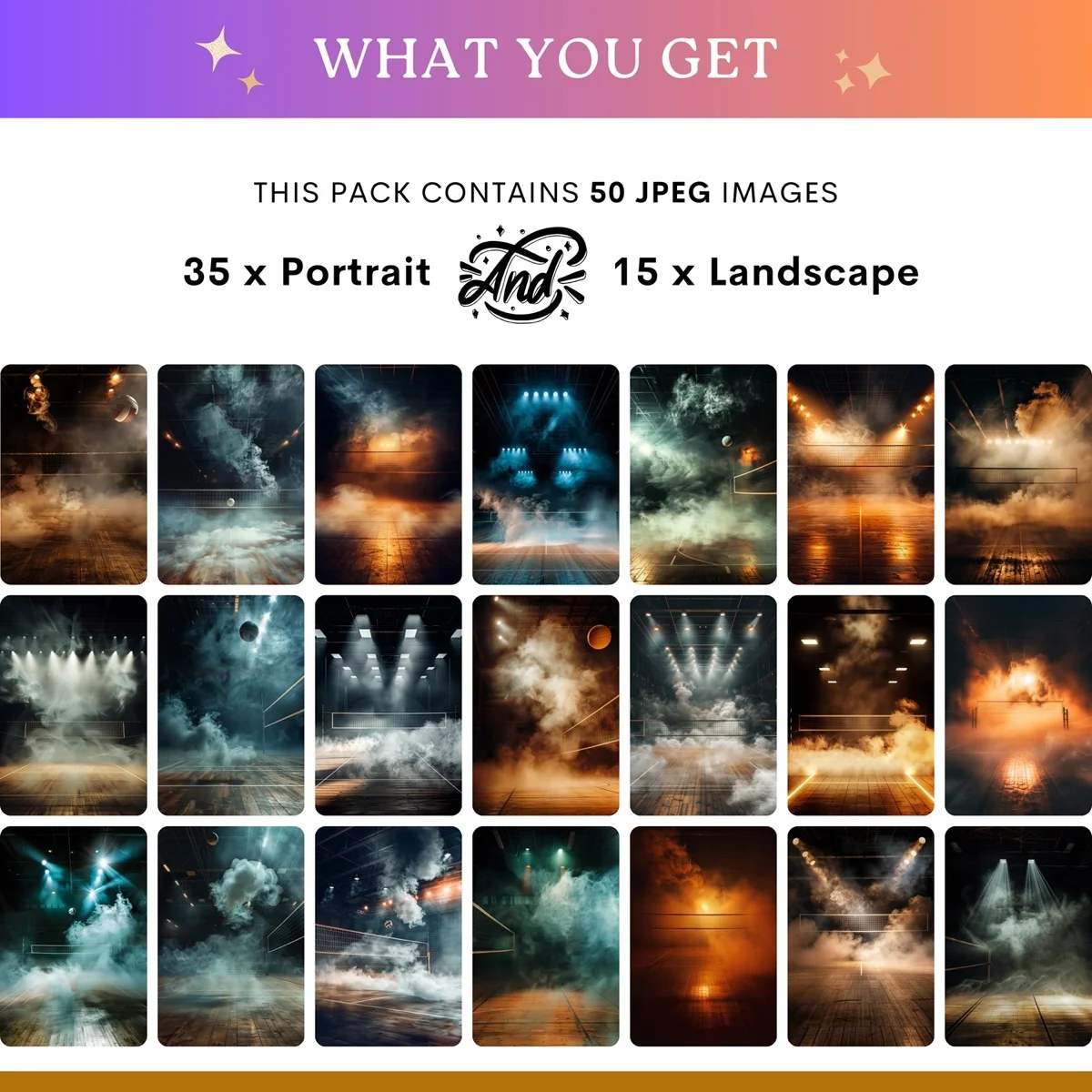 Volleyball Backgrounds - Fog & Spotlights - what's included: 50 high-resolution backgrounds