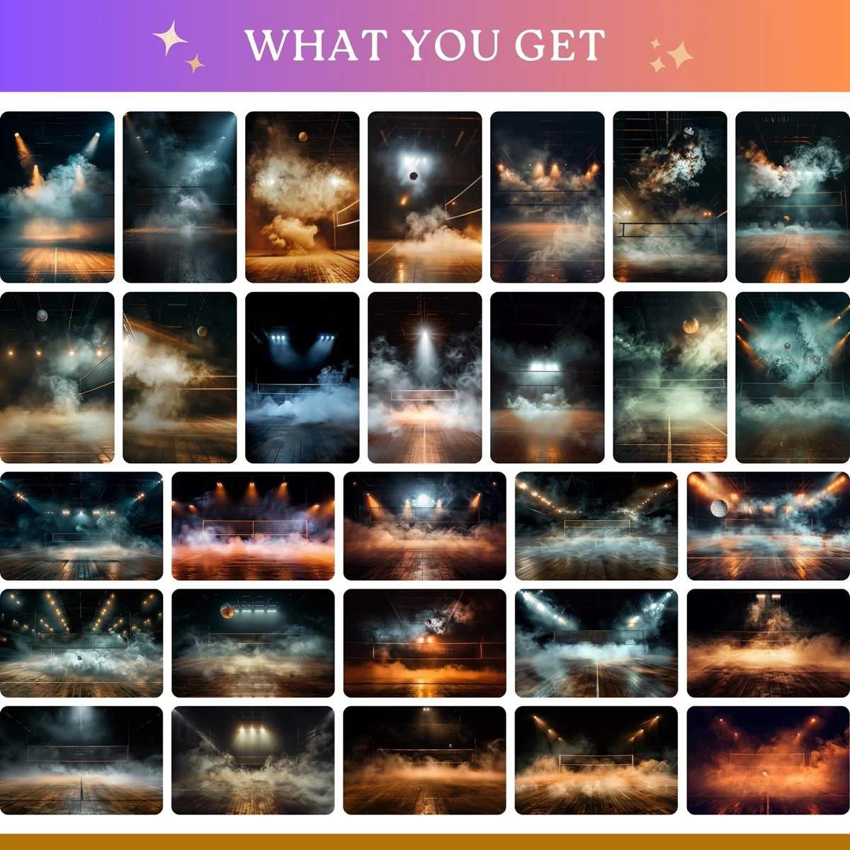 Volleyball Backgrounds - Fog & Spotlights - full collection grid showing portrait and landscape orientations