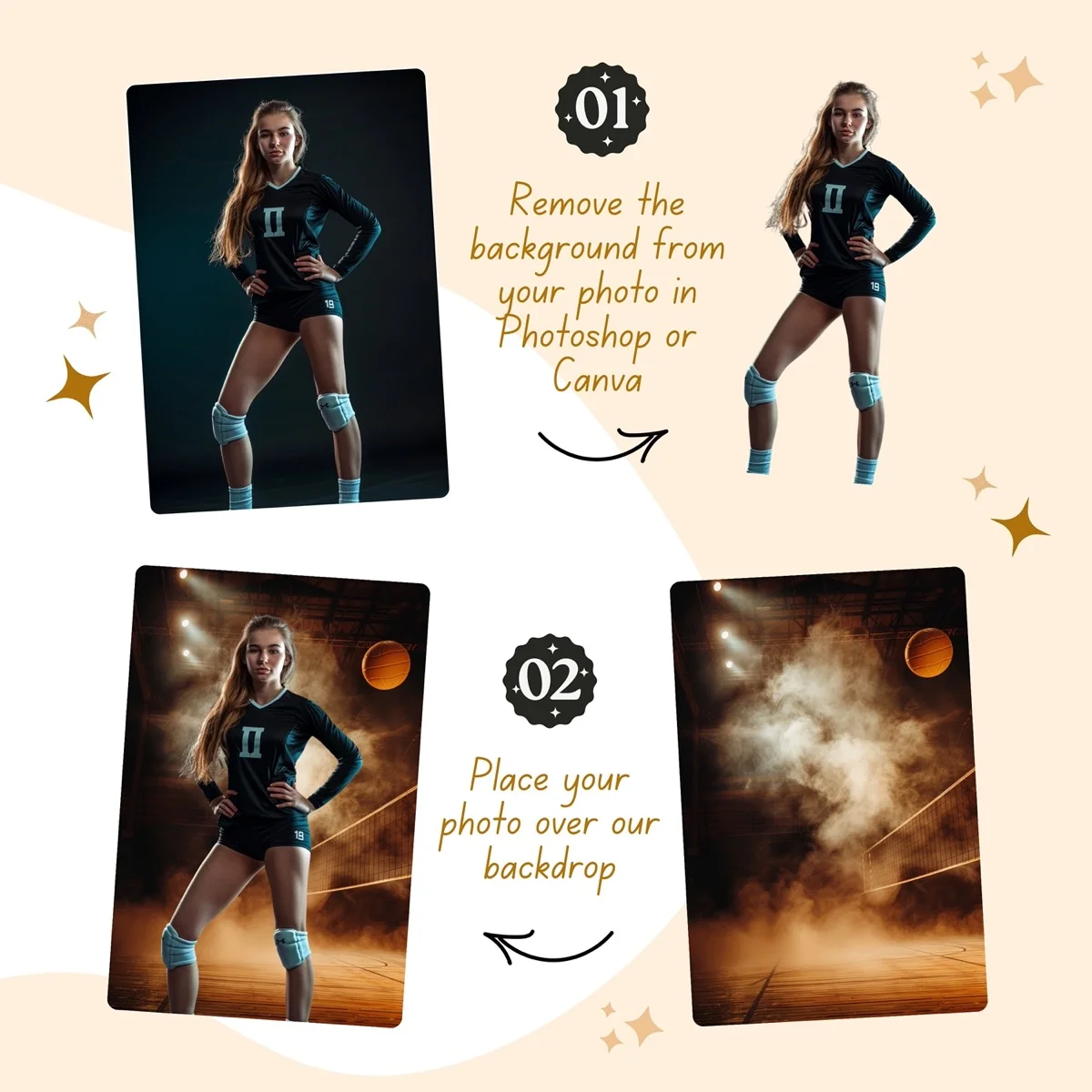 Volleyball Backgrounds - Fog & Spotlights - before and after photo composite example