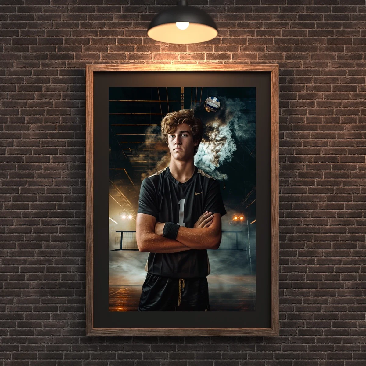 Volleyball Backgrounds - Fog & Spotlights - wall mockup showing backdrop displayed in a real room setting