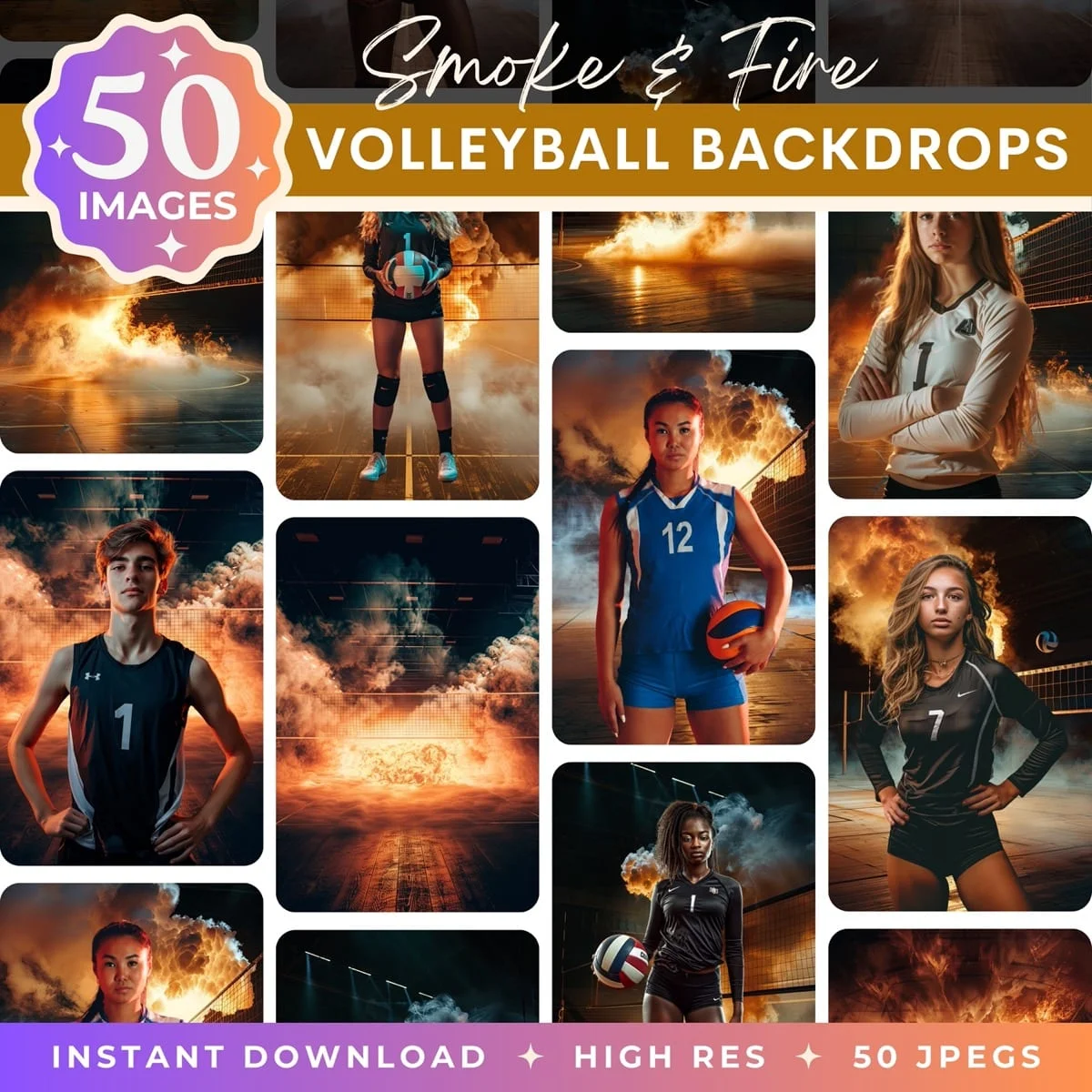 Volleyball Backgrounds - Smoke & Fire - pack overview with sample volleyball backgrounds