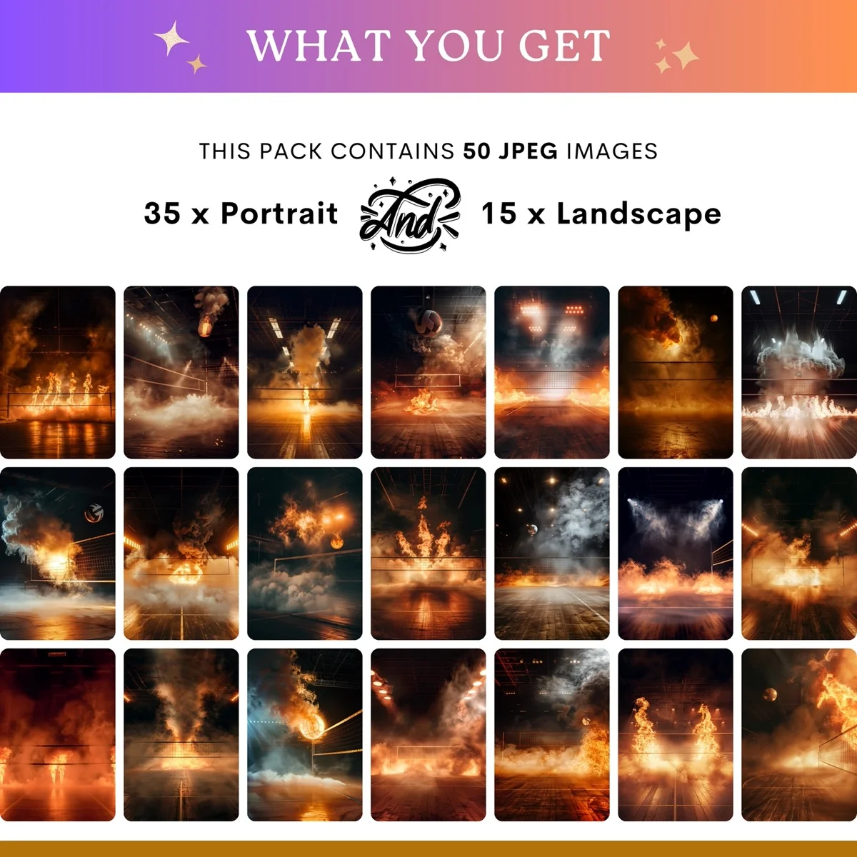 Volleyball Backgrounds - Smoke & Fire - what's included: 50 high-resolution backgrounds