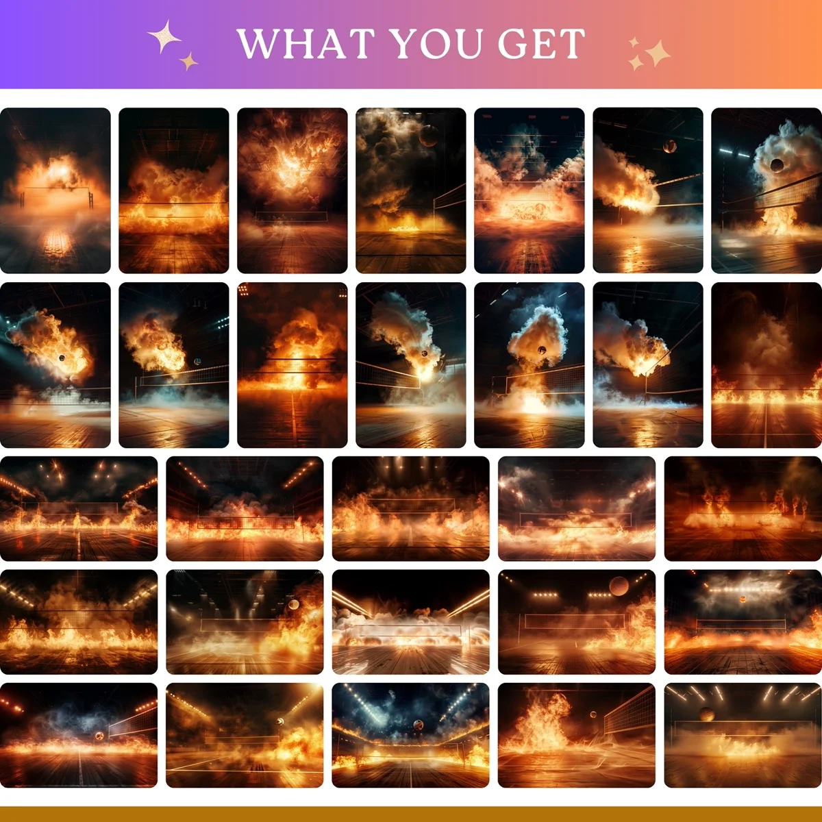 Volleyball Backgrounds - Smoke & Fire - full collection grid showing portrait and landscape orientations