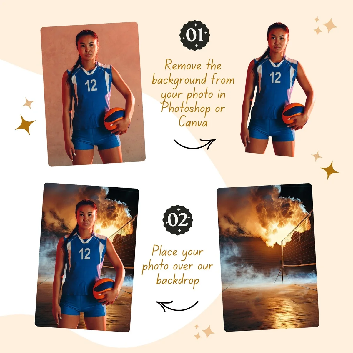Volleyball Backgrounds - Smoke & Fire - before and after photo composite example