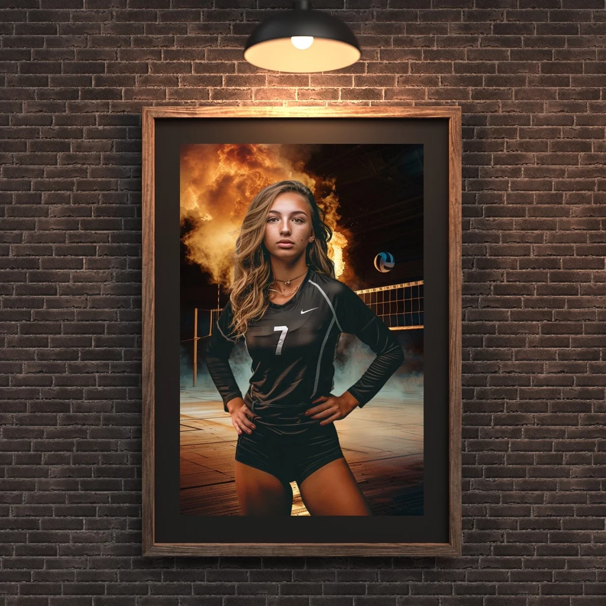 Volleyball Backgrounds - Smoke & Fire - wall mockup showing backdrop displayed in a real room setting