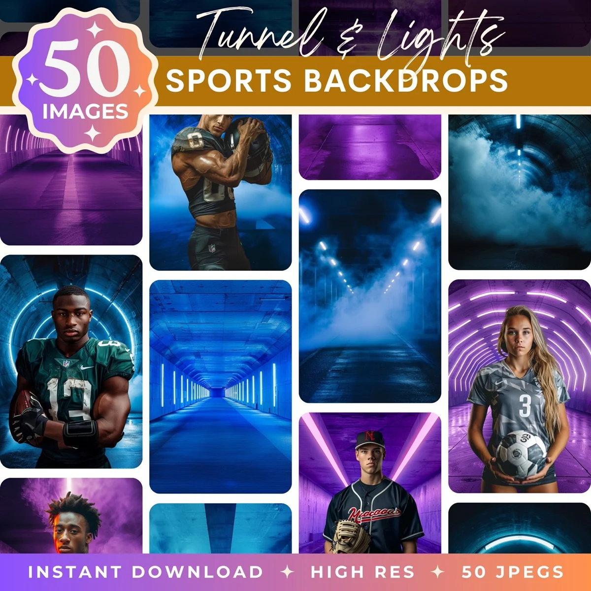 Sports Backgrounds - Tunnel & Lights - pack overview with sample sports backgrounds