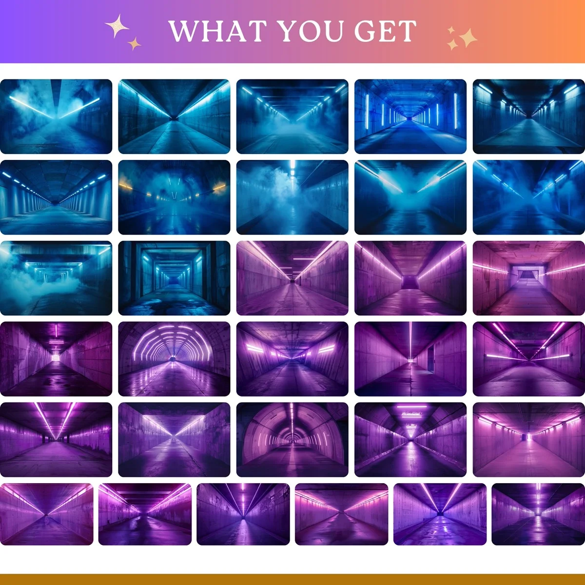 Sports Backgrounds - Tunnel & Lights - full collection grid showing portrait and landscape orientations