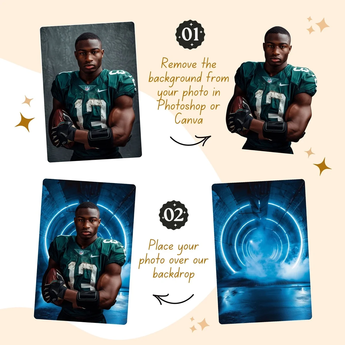 Sports Backgrounds - Tunnel & Lights - before and after photo composite example