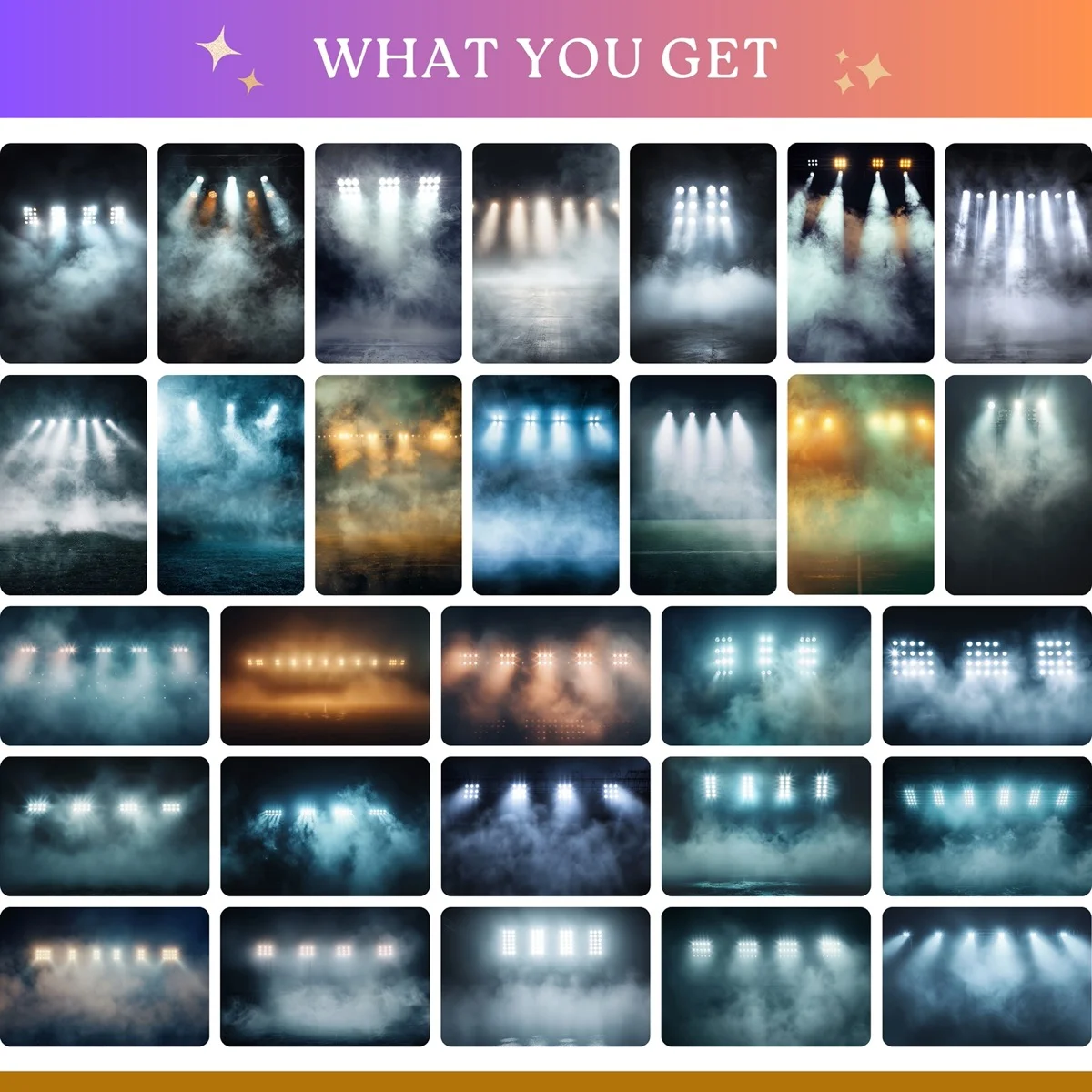 Sports Backgrounds - Fog Lights - full collection grid showing portrait and landscape orientations