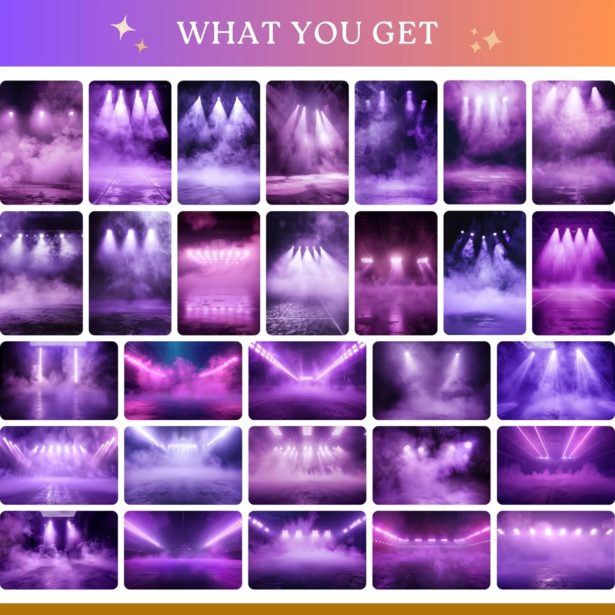 Sports Backgrounds - Purple Fog Lights - full collection grid showing portrait and landscape orientations