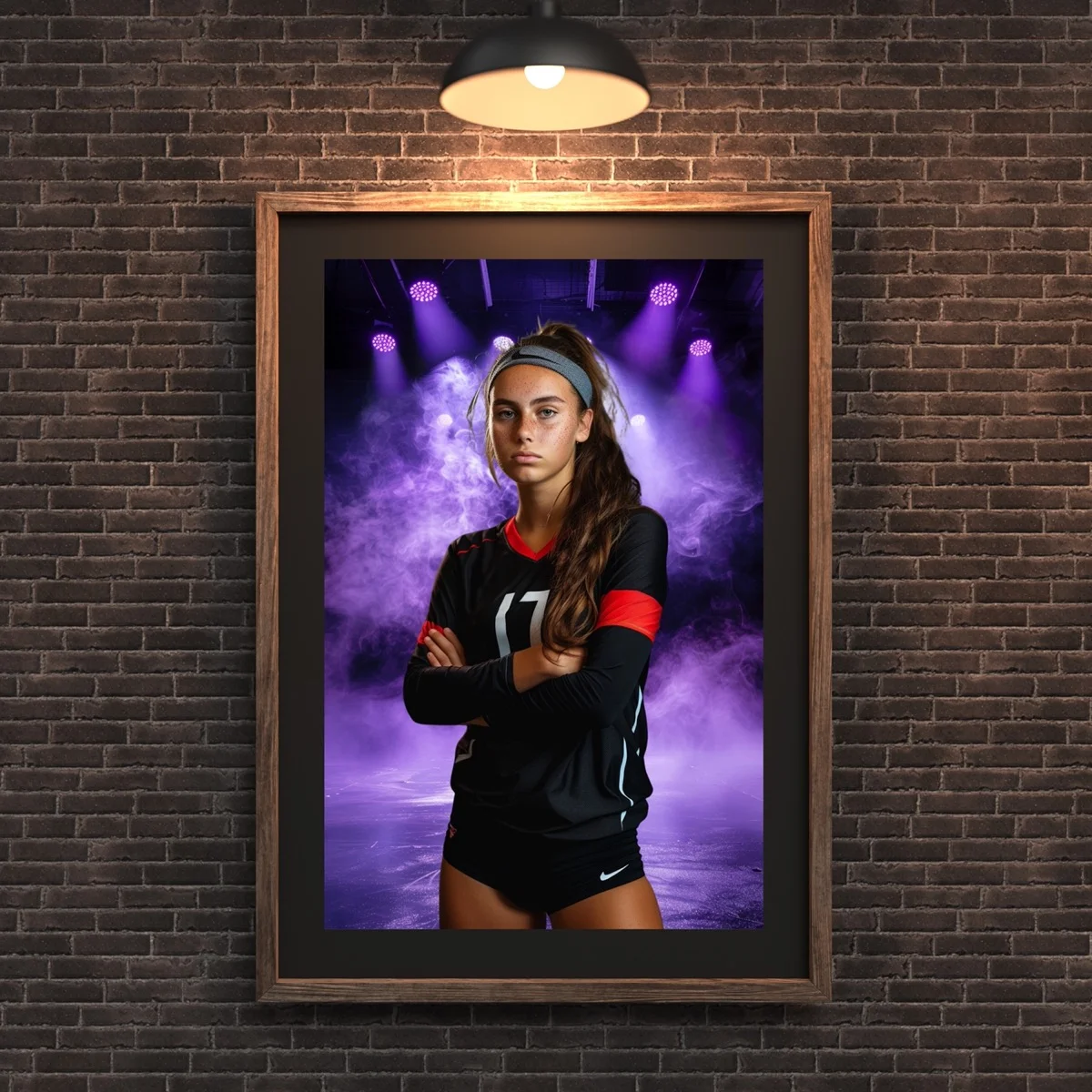 Sports Backgrounds - Purple Fog Lights - wall mockup showing backdrop displayed in a real room setting
