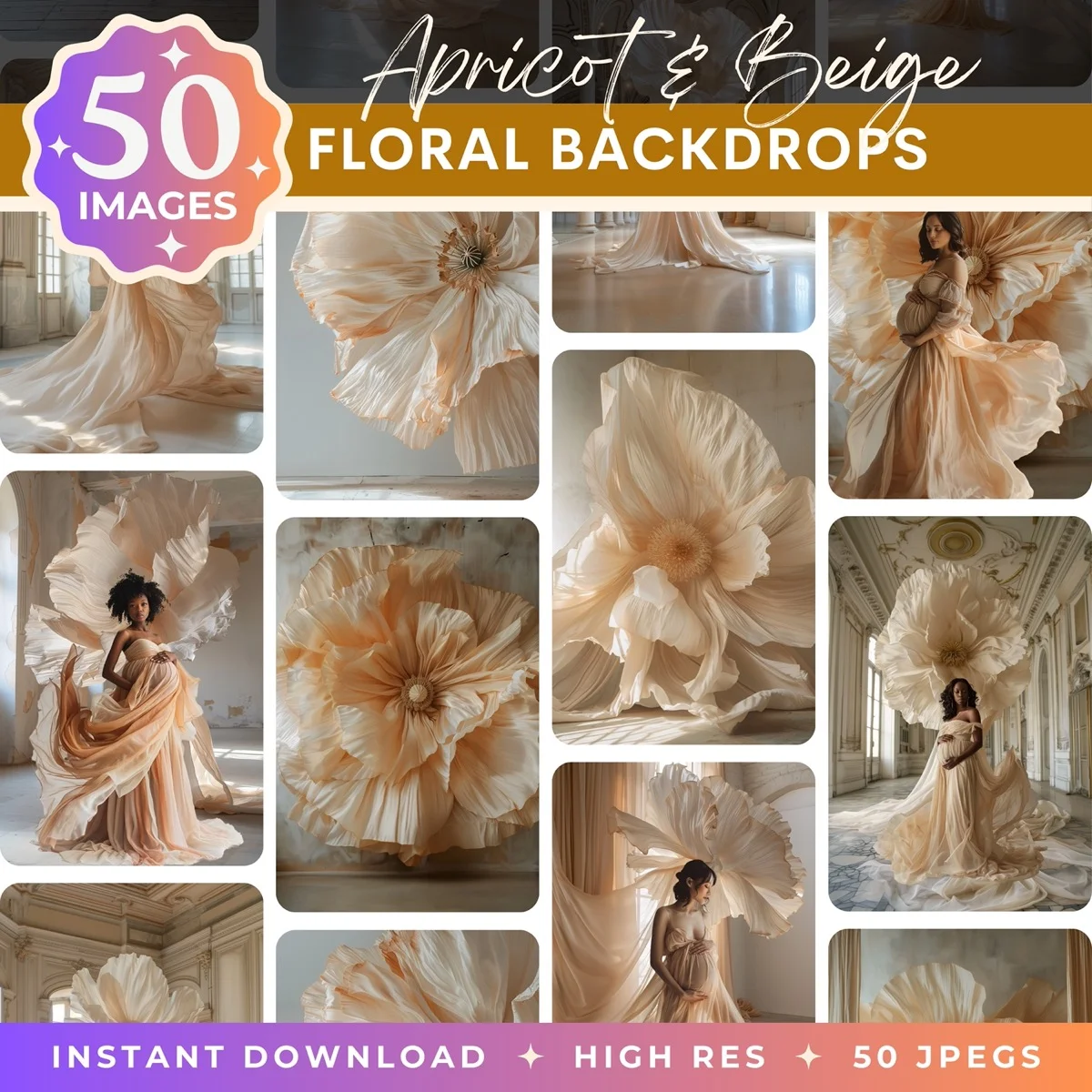 Floral Backgrounds - Apricot & Beige - pack overview with sample floral backgrounds