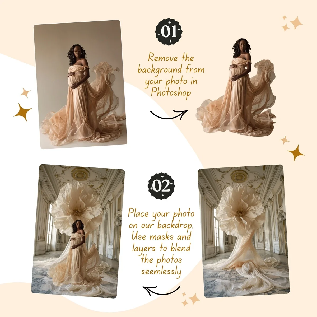 Floral Backgrounds - Apricot & Beige - wall mockup showing backdrop displayed in a real room setting