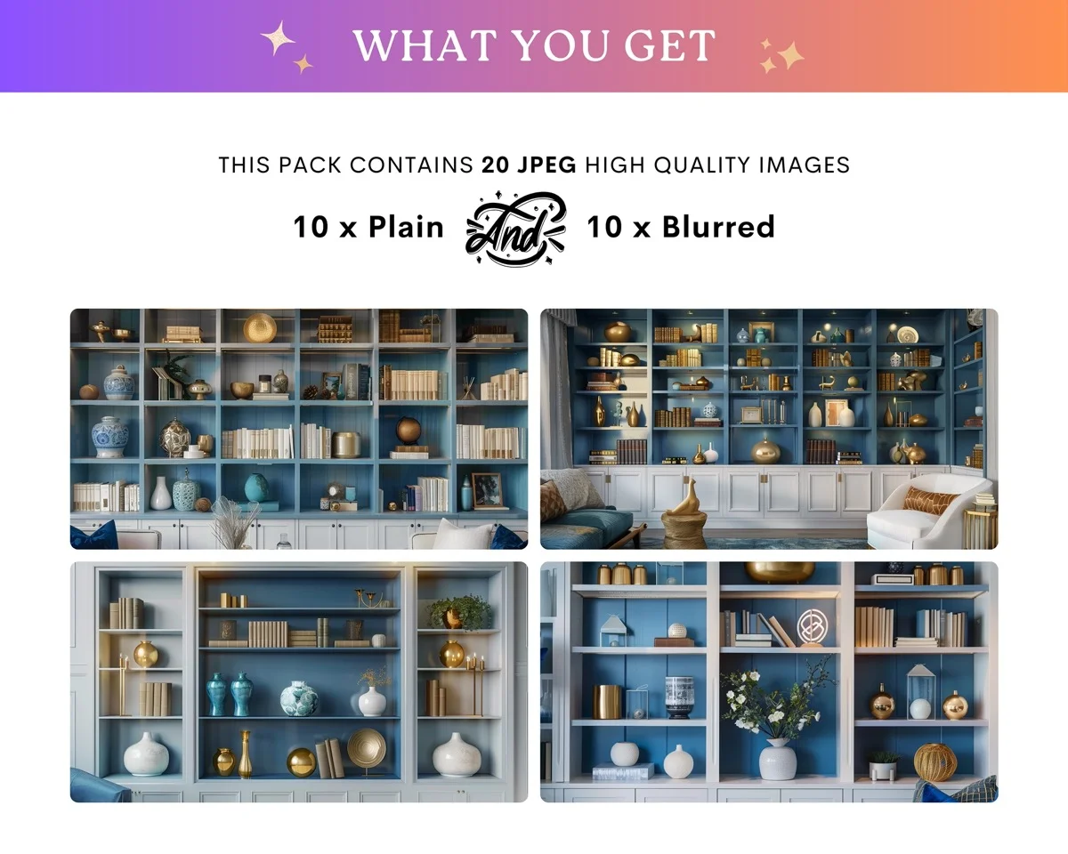 Zoom Backgrounds - Elegant Bookshelves - full collection grid showing portrait and landscape orientations