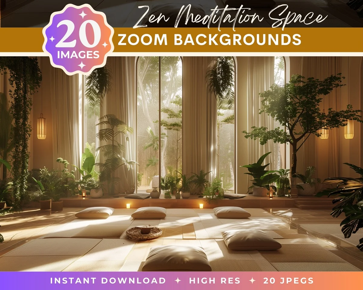 Zoom Backgrounds - Zen Meditation Space - pack overview with sample zoom backgrounds
