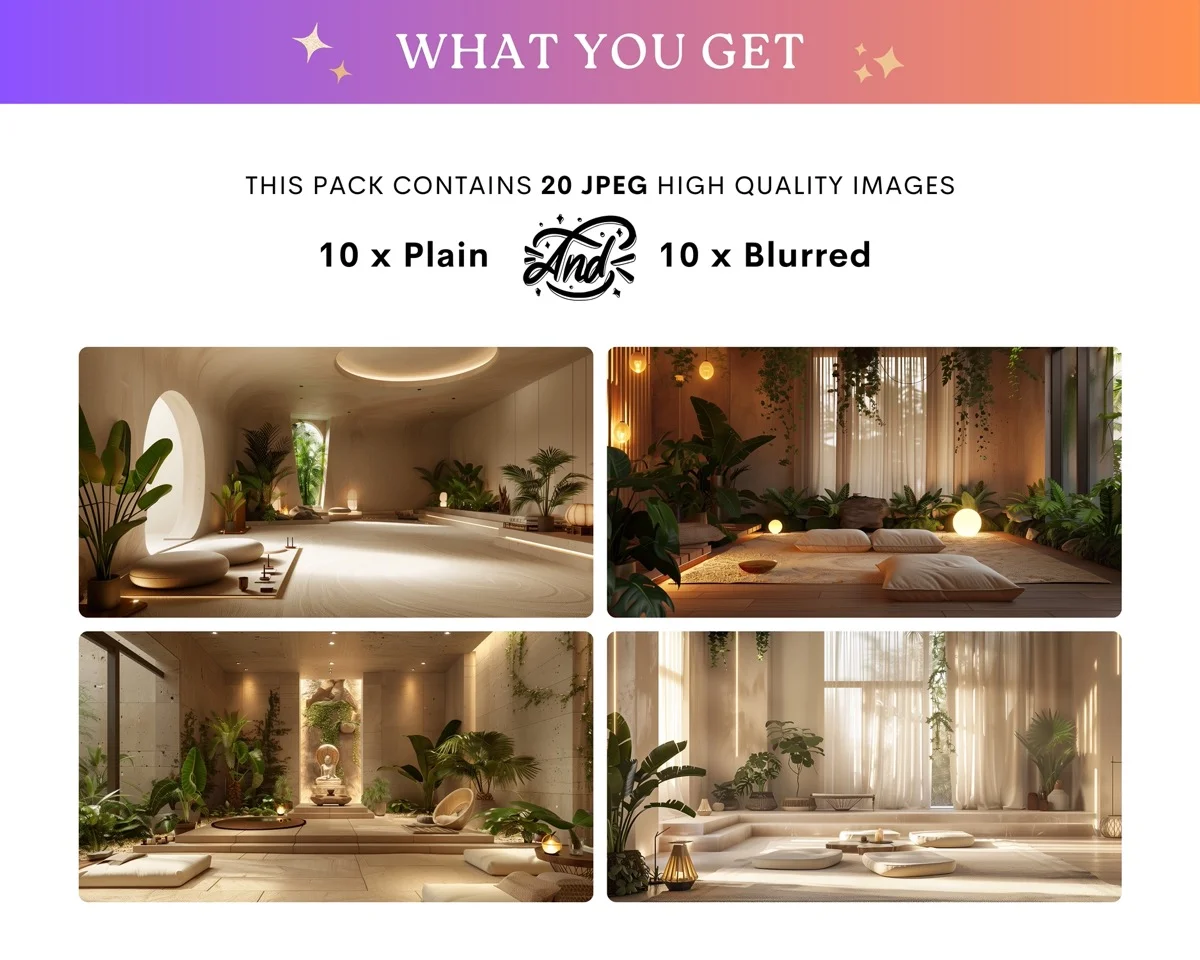 Zoom Backgrounds - Zen Meditation Space - full collection grid showing portrait and landscape orientations
