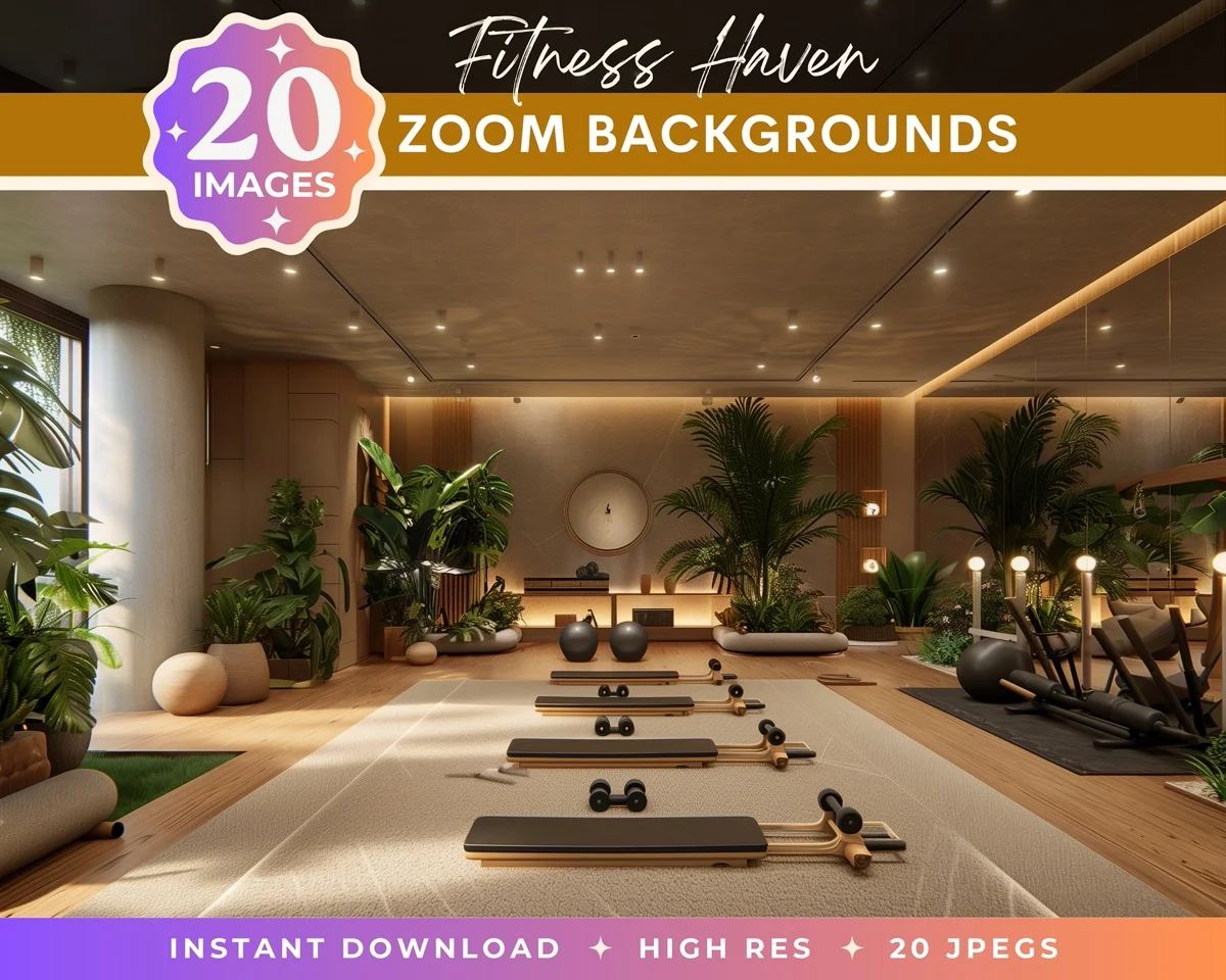 Zoom Backgrounds - Fitness Haven - pack overview with sample zoom backgrounds