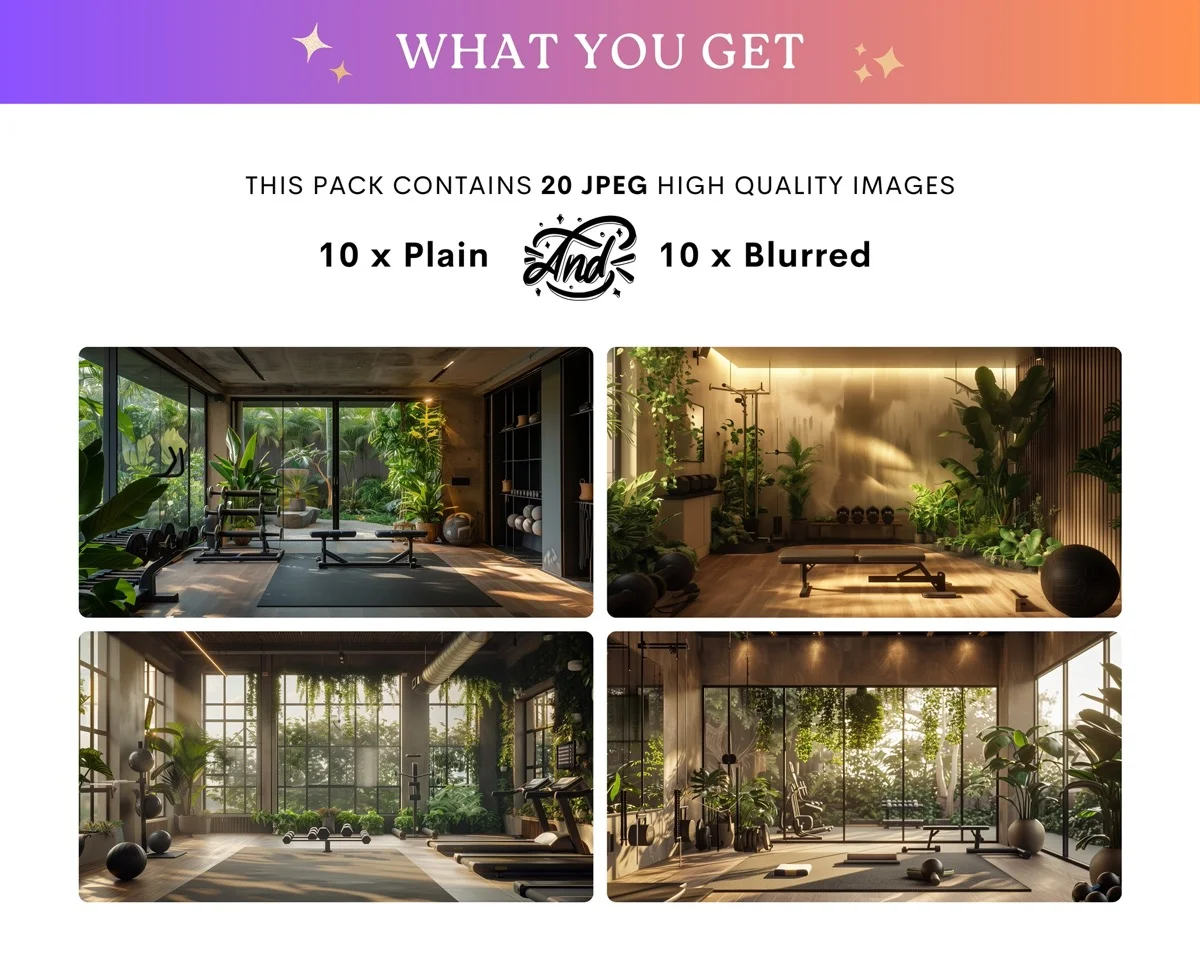 Zoom Backgrounds - Fitness Haven - full collection grid showing portrait and landscape orientations