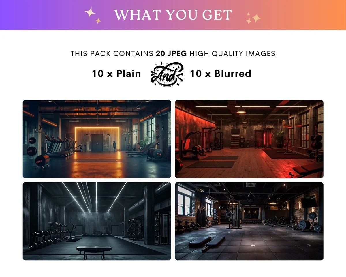 Zoom Backgrounds - Masculine Gym - full collection grid showing portrait and landscape orientations