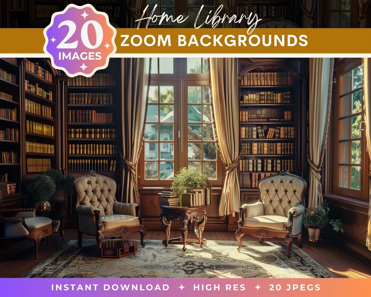 Zoom Backgrounds - Home Library - pack overview with sample zoom backgrounds