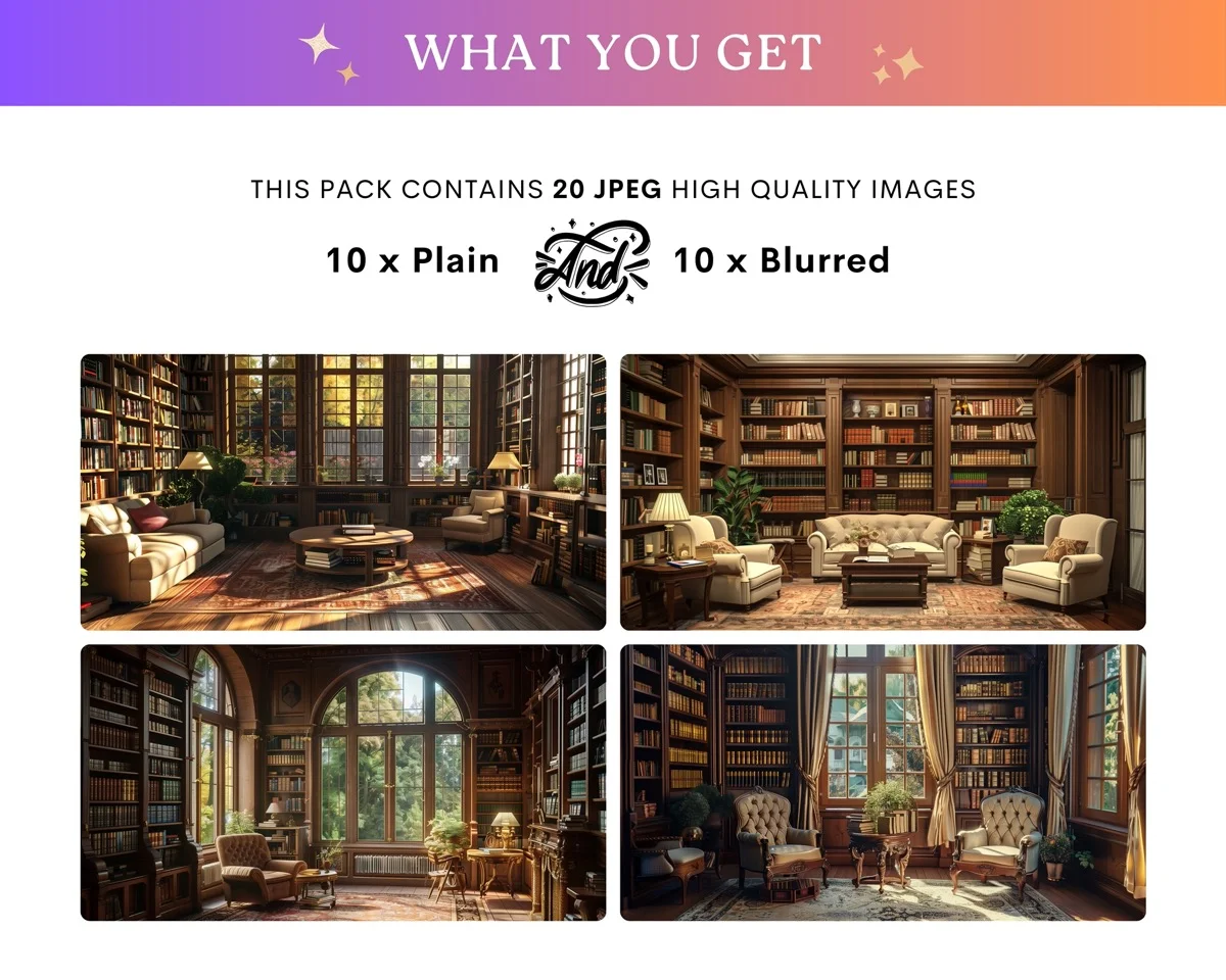 Zoom Backgrounds - Home Library - full collection grid showing portrait and landscape orientations