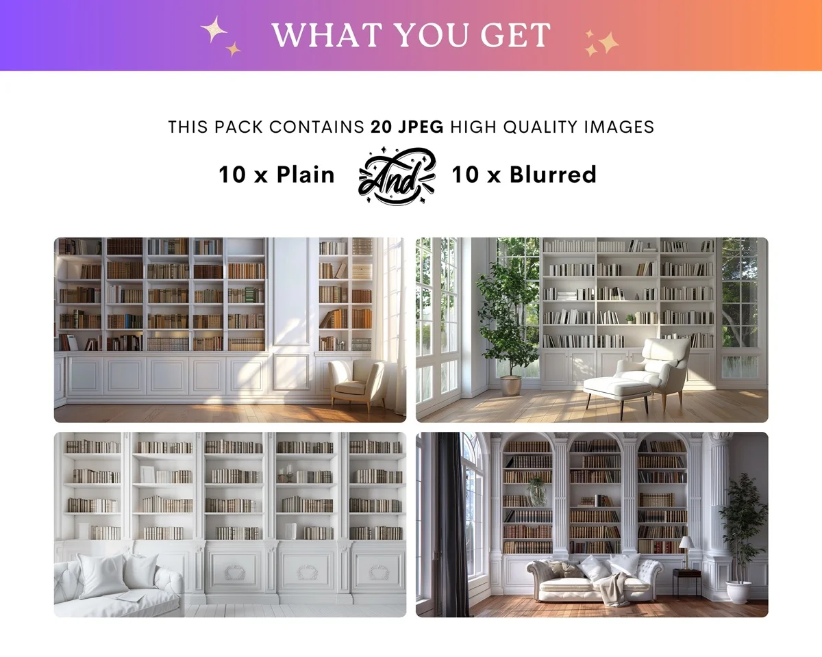 Zoom Backgrounds - White Bookshelves - full collection grid showing portrait and landscape orientations