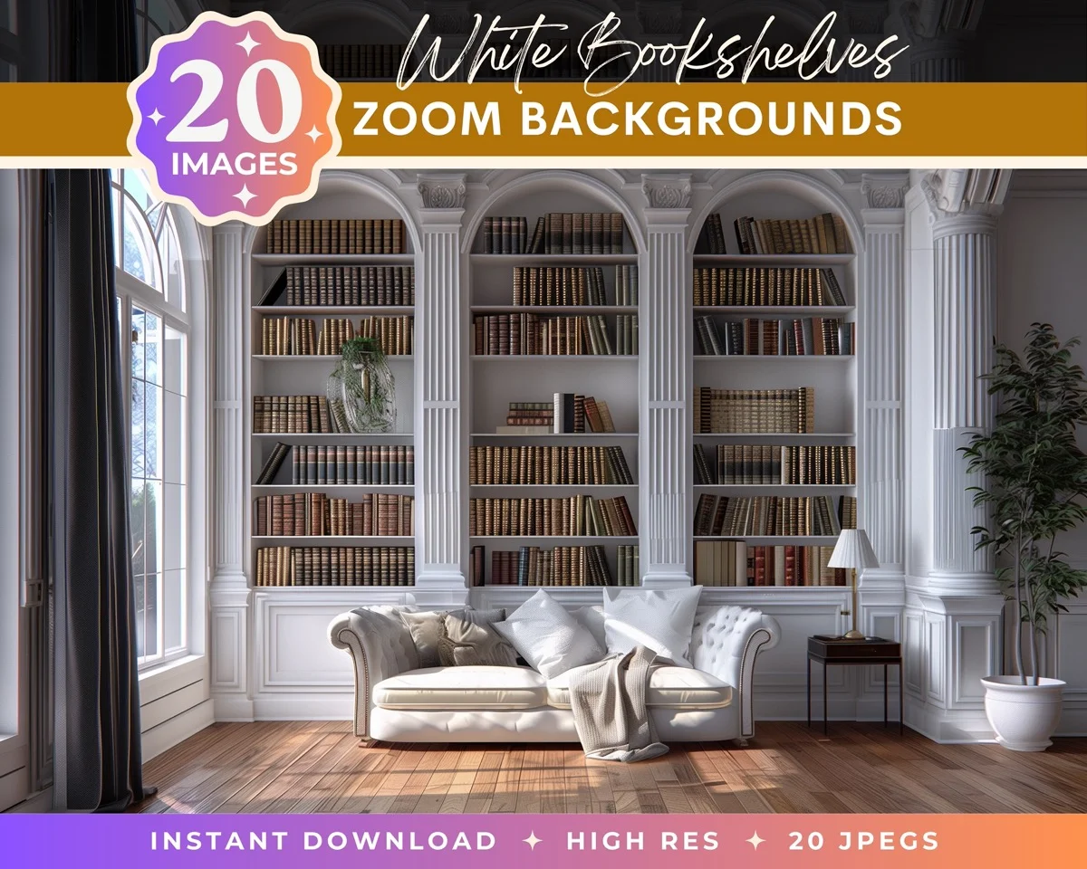 Zoom Backgrounds - White Bookshelves