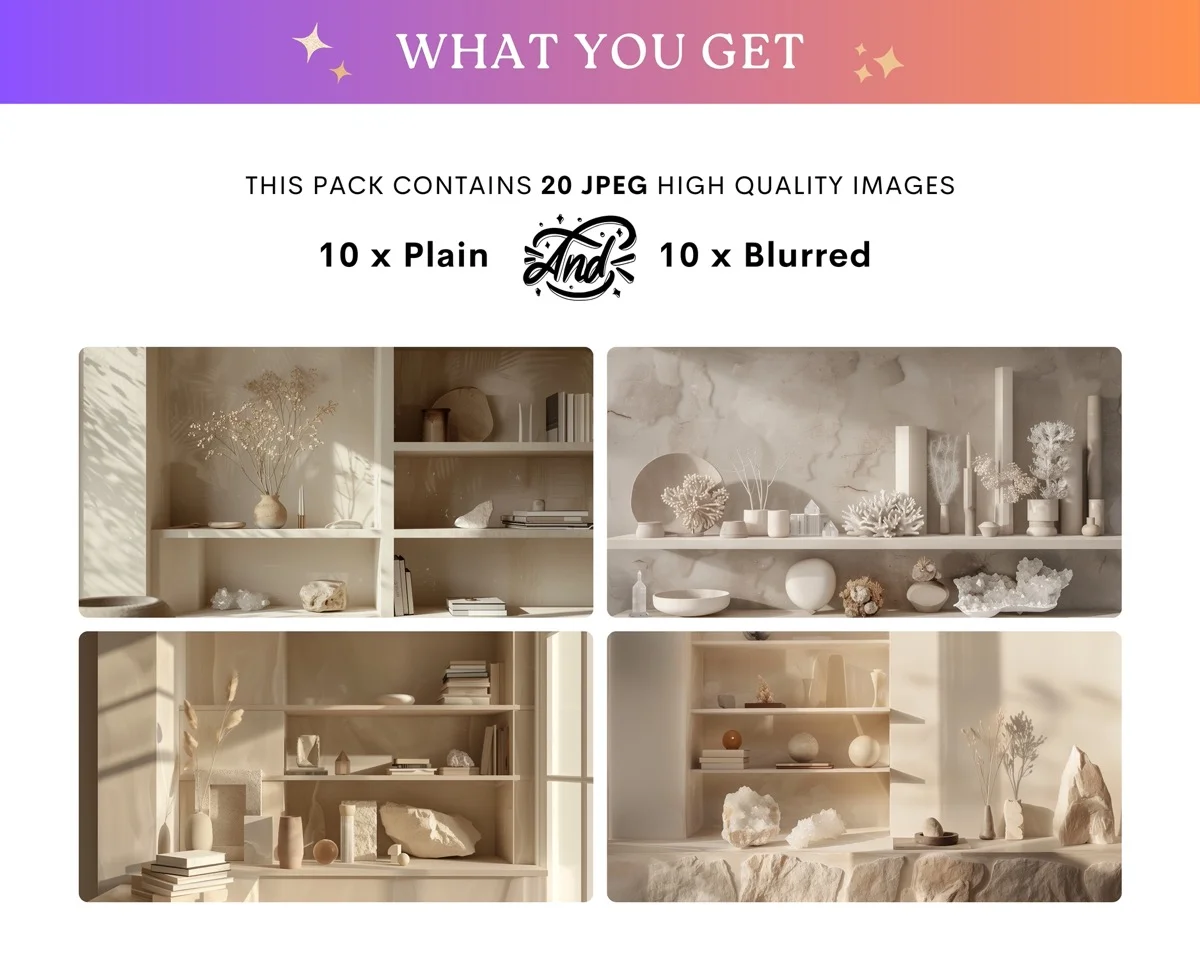 Zoom Backgrounds - Beige Tones & Crystals - full collection grid showing portrait and landscape orientations