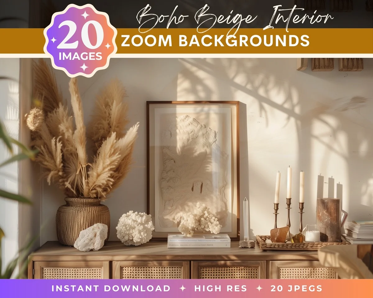 Zoom Backgrounds - Boho Beige Interior - pack overview with sample zoom backgrounds