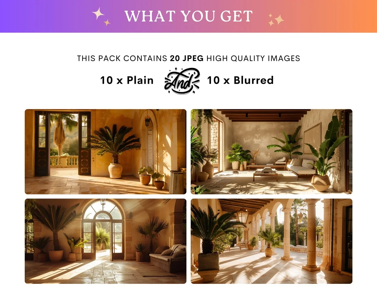 Zoom Backgrounds - Mediterranean Patio - full collection grid showing portrait and landscape orientations