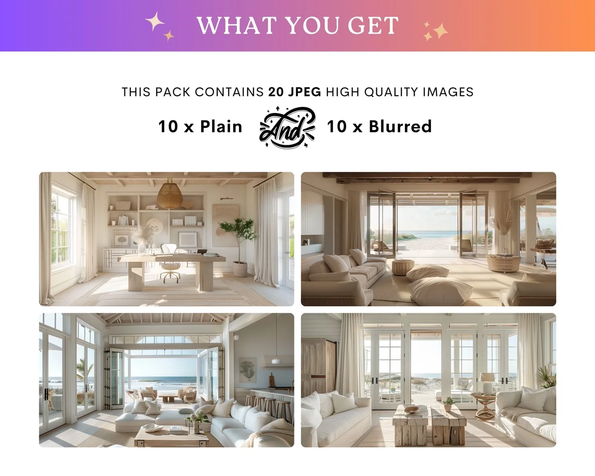 Zoom Backgrounds - Coastal Beach Home - full collection grid showing portrait and landscape orientations