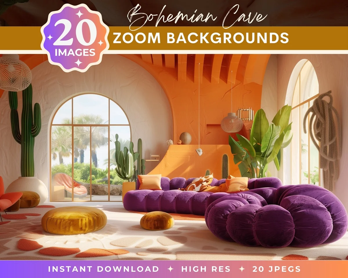 Zoom Backgrounds - Bohemian Cave - pack overview with sample zoom backgrounds