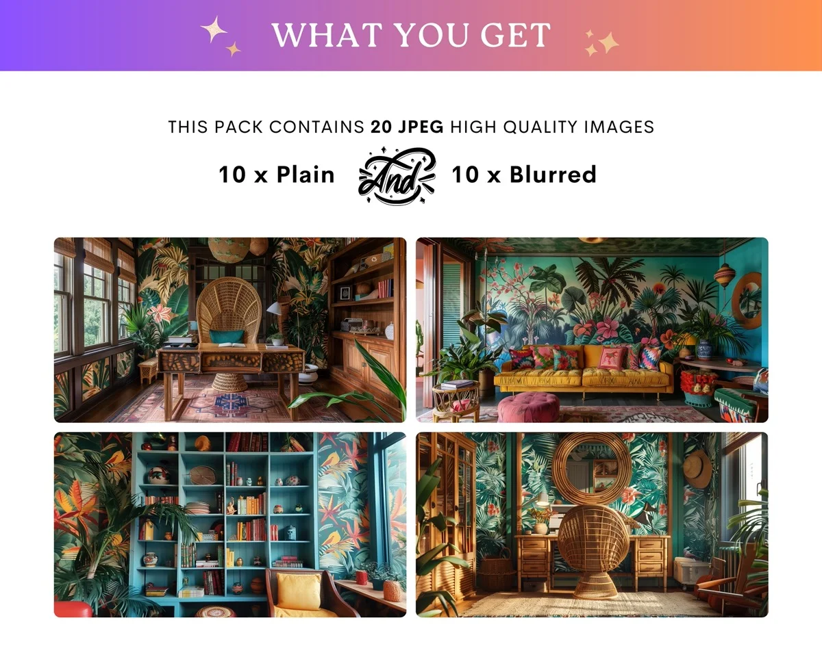 Zoom Backgrounds - Tropical Tiki - full collection grid showing portrait and landscape orientations