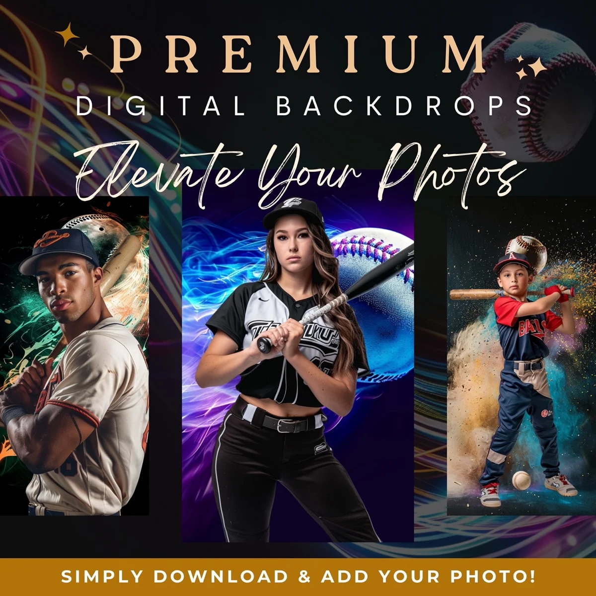 Baseball Backgrounds - Airborne In Color - premium digital backdrop collection preview