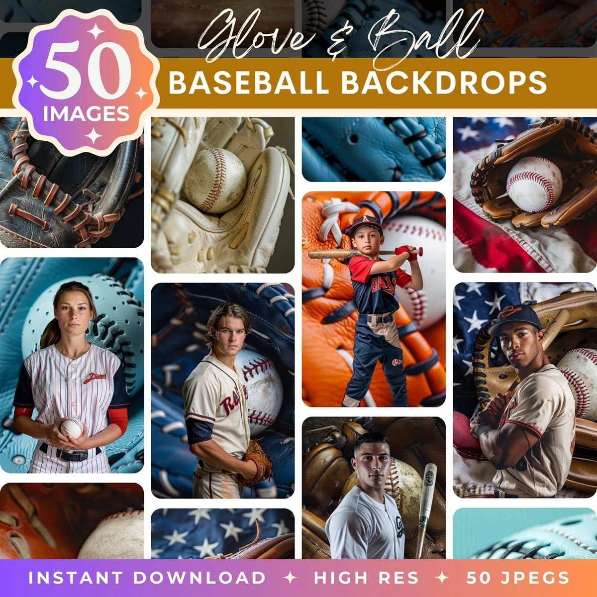 Baseball Backgrounds - Glove & Ball - pack overview with sample baseball backgrounds