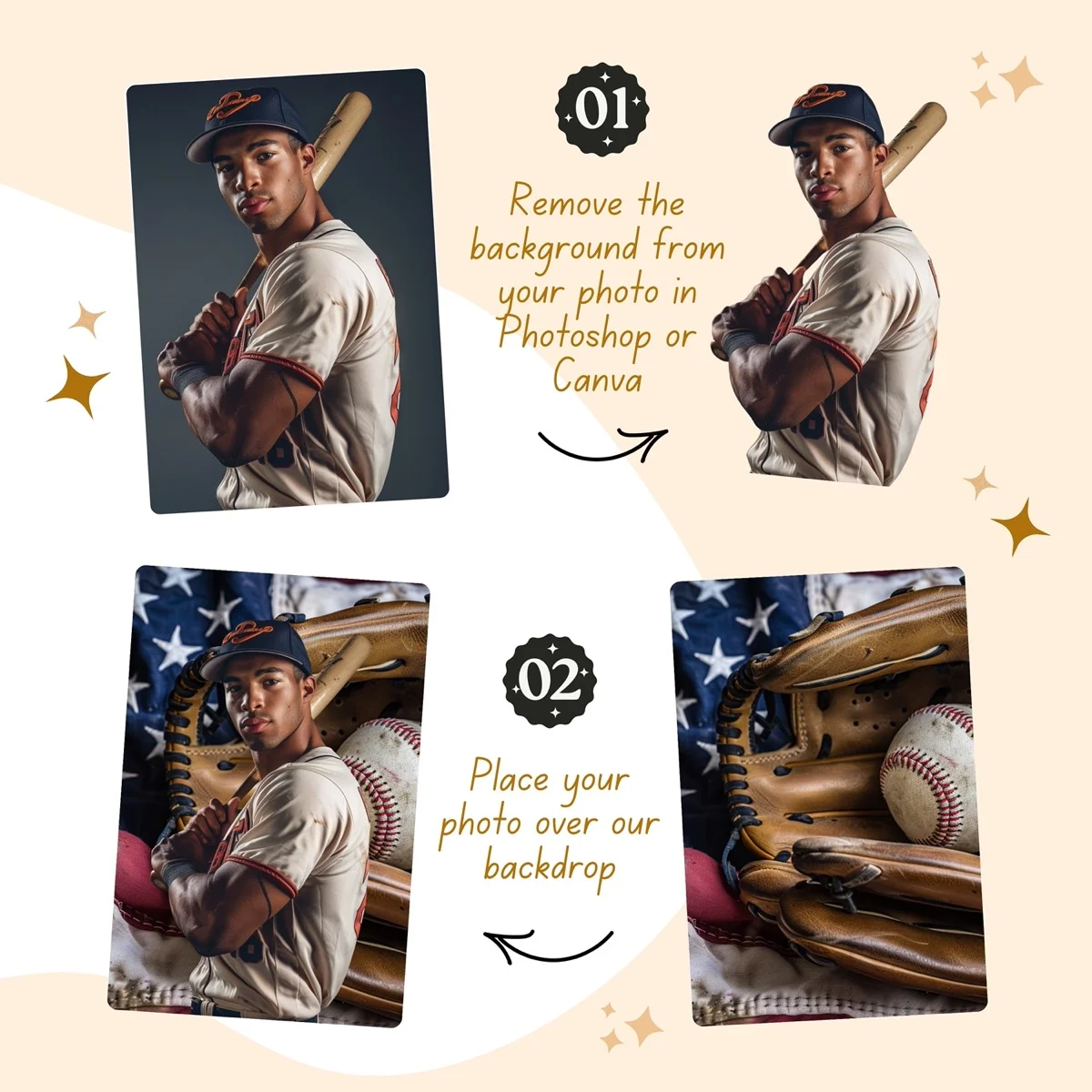 Baseball Backgrounds - Glove & Ball - before and after photo composite example