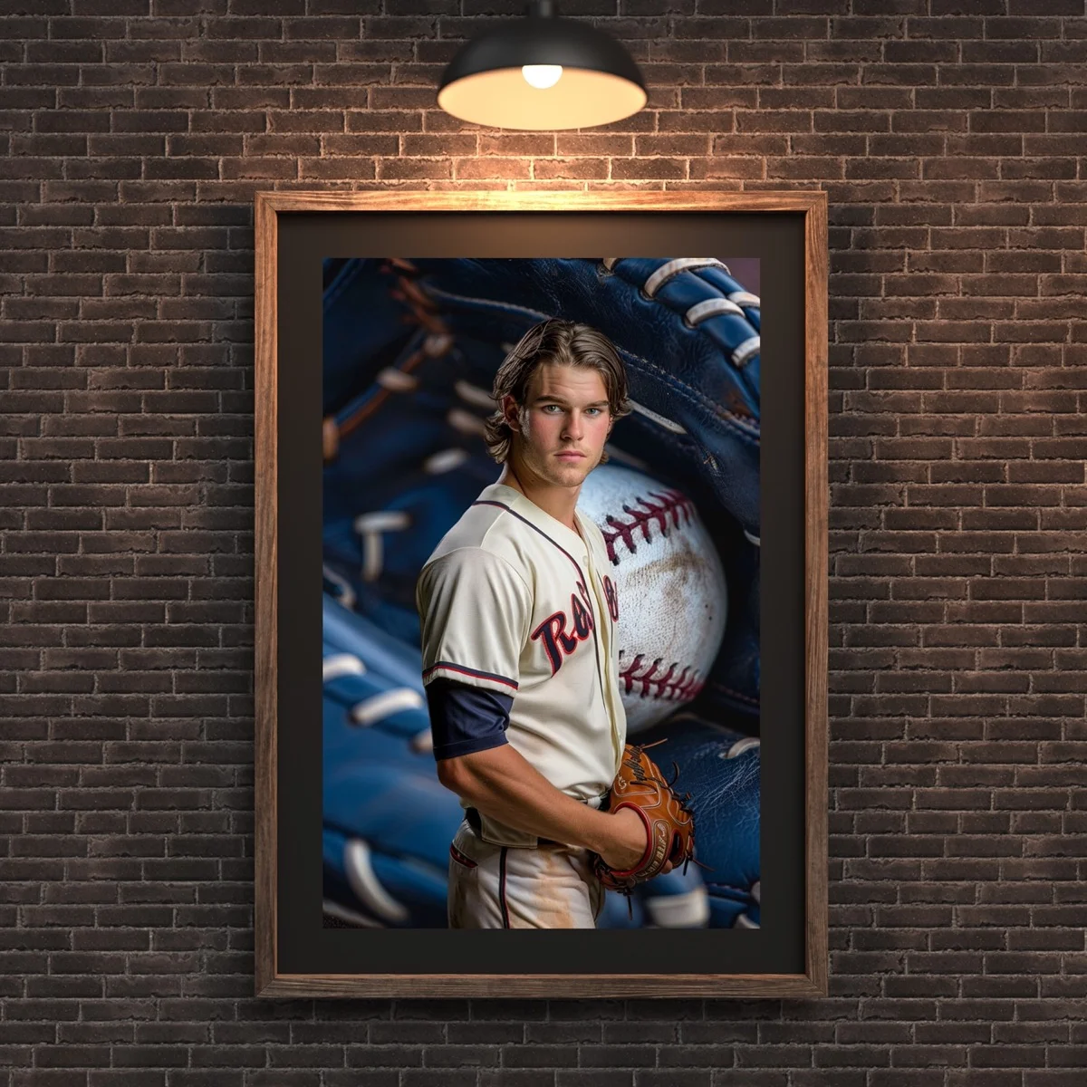 Baseball Backgrounds - Glove & Ball - wall mockup showing backdrop displayed in a real room setting