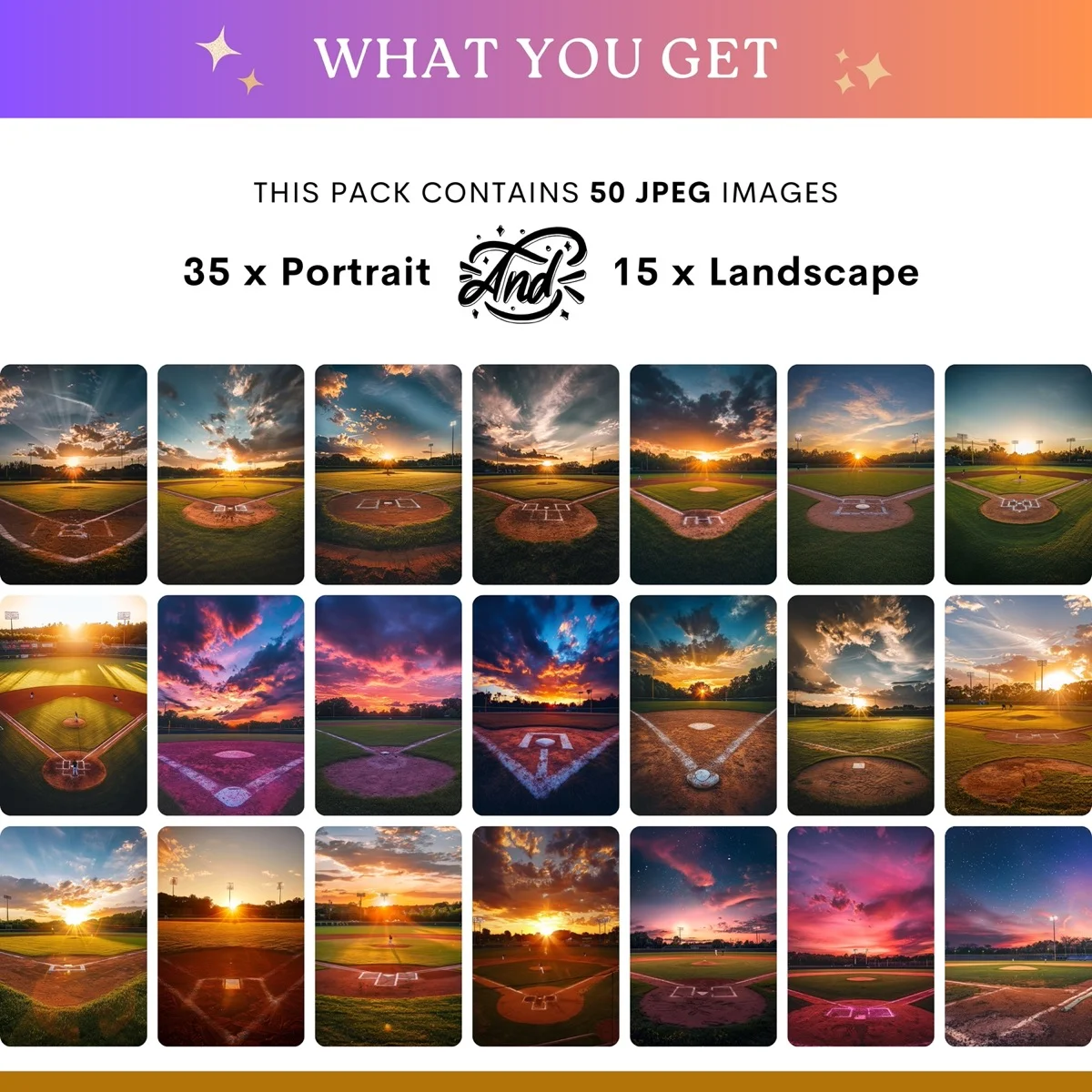 Baseball Backgrounds - Stadium at Dusk - what's included: 50 high-resolution backgrounds