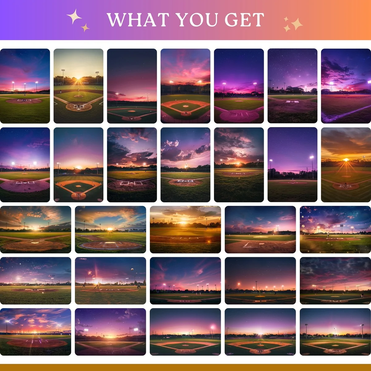 Baseball Backgrounds - Stadium at Dusk - full collection grid showing portrait and landscape orientations