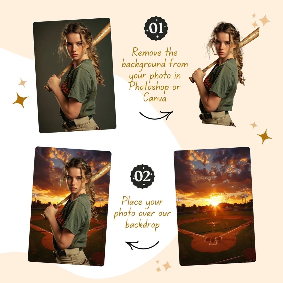 Baseball Backgrounds - Stadium at Dusk - before and after photo composite example