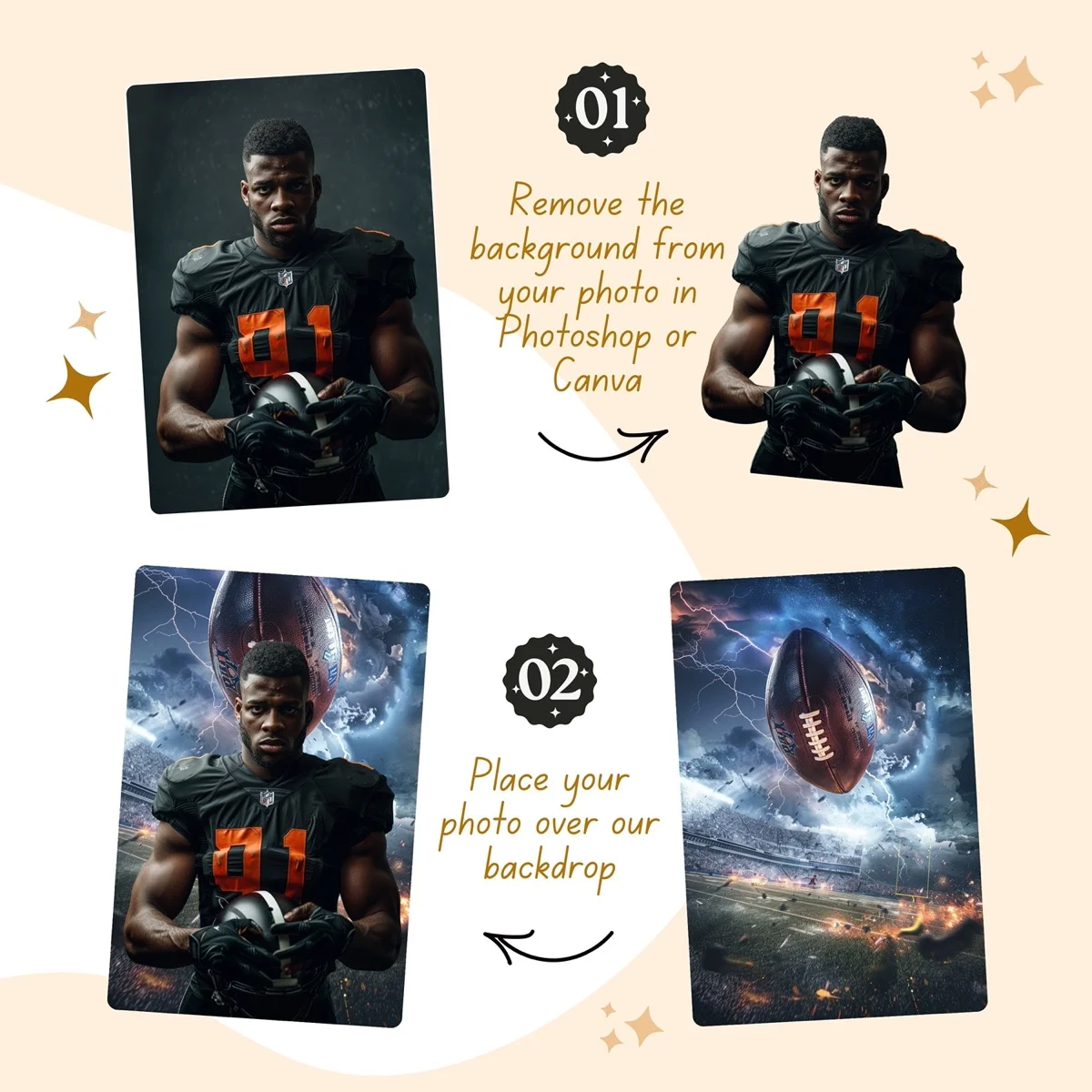 Football Backgrounds - Lightning Ball - before and after photo composite example