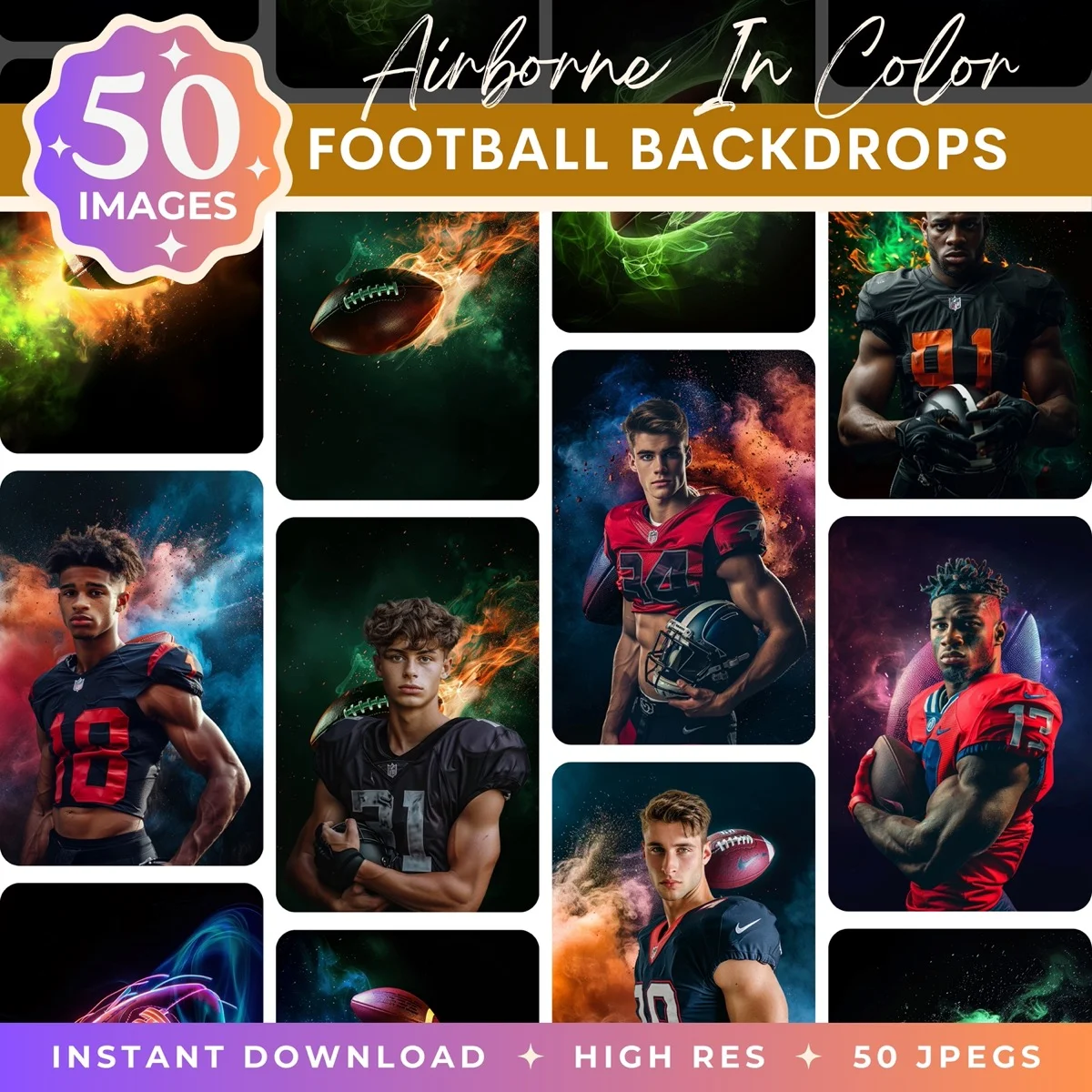 Football Backgrounds - Airborne In Color - pack overview with sample football backgrounds
