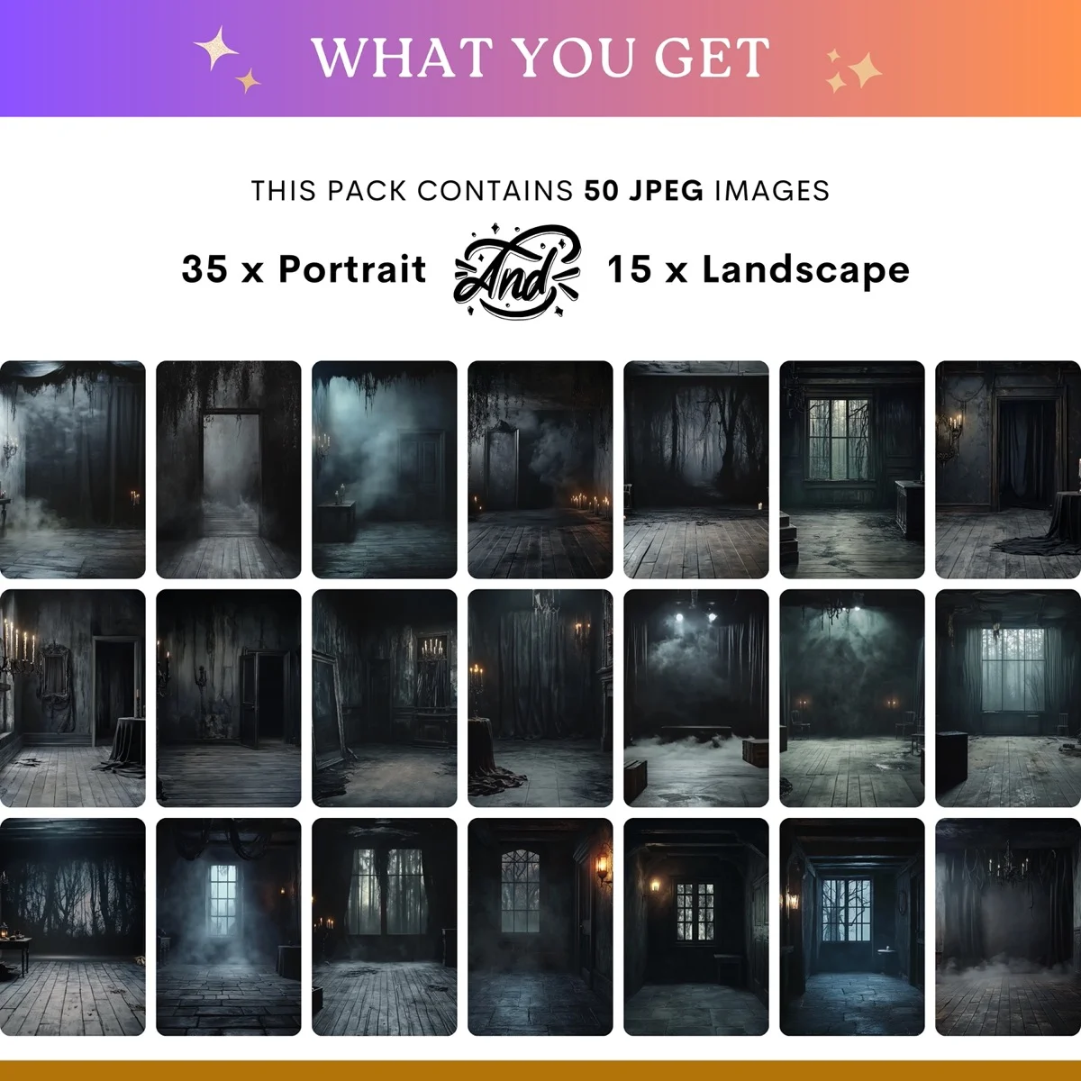 Halloween Backgrounds - Creepy Room - what's included: 50 high-resolution backgrounds