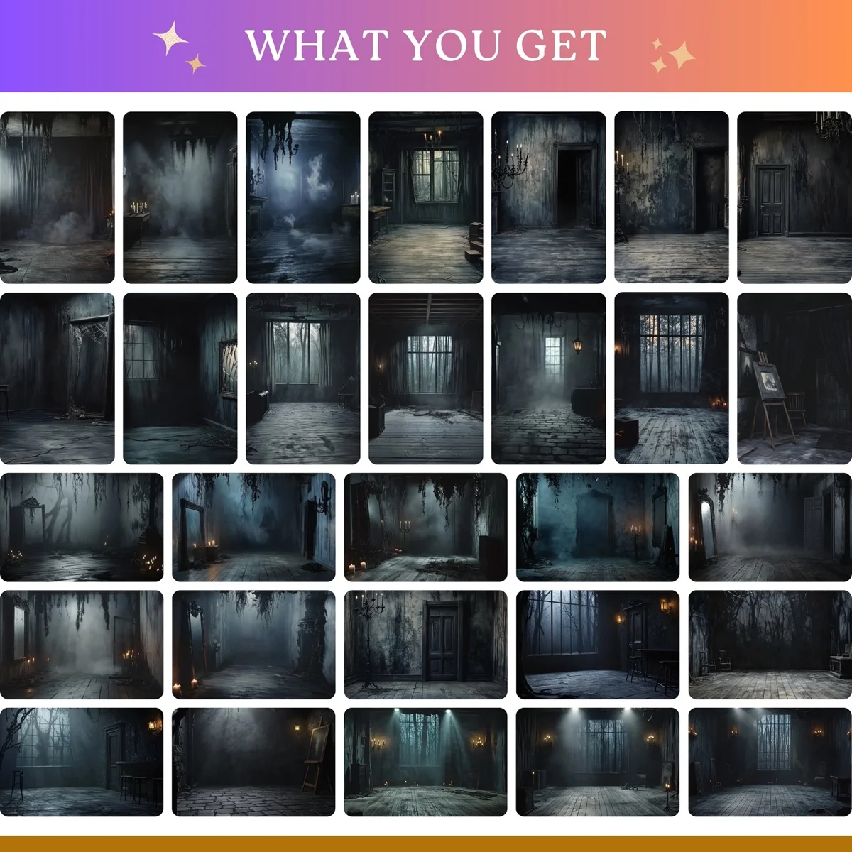 Halloween Backgrounds - Creepy Room - full collection grid showing portrait and landscape orientations