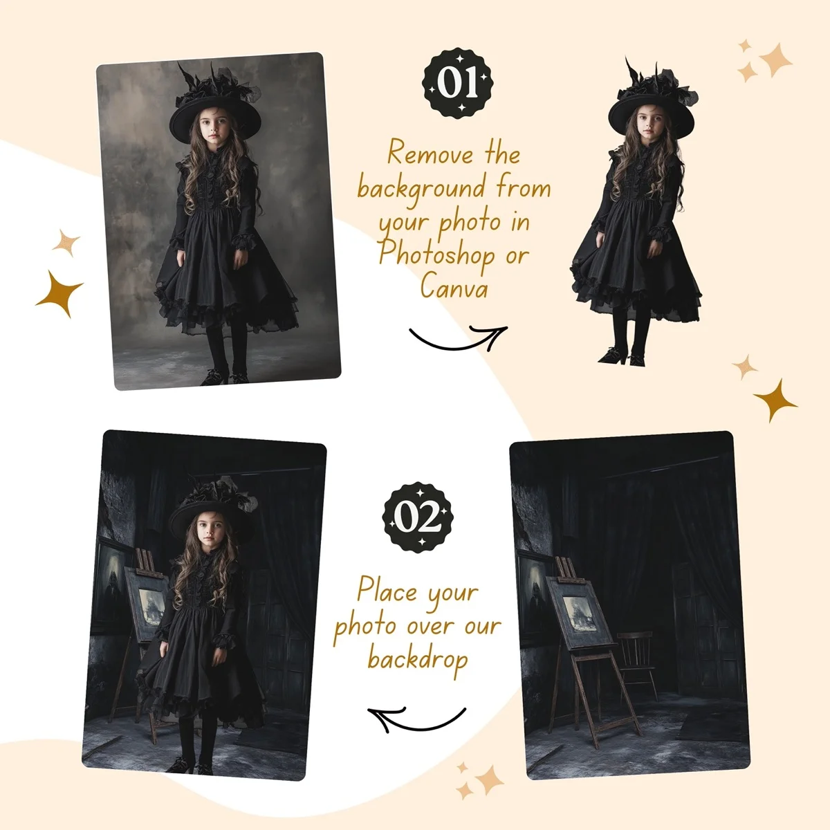 Halloween Backgrounds - Creepy Room - before and after photo composite example