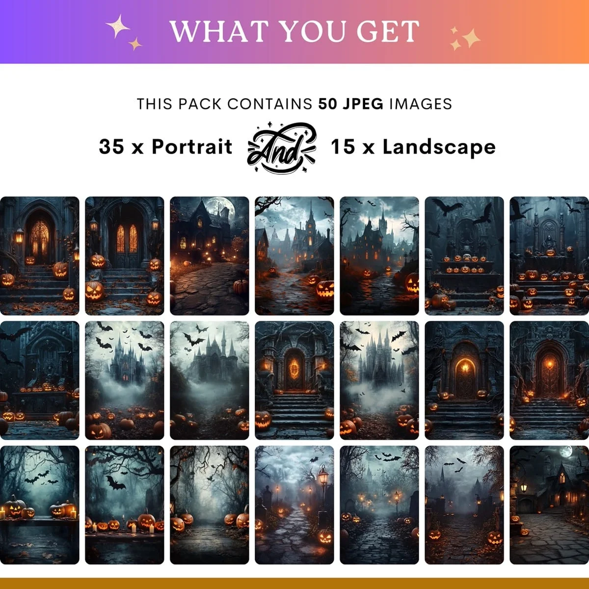 Halloween Backgrounds - Creepy Pumpkins - what's included: 50 high-resolution backgrounds