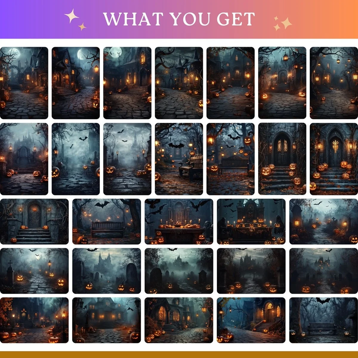 Halloween Backgrounds - Creepy Pumpkins - full collection grid showing portrait and landscape orientations