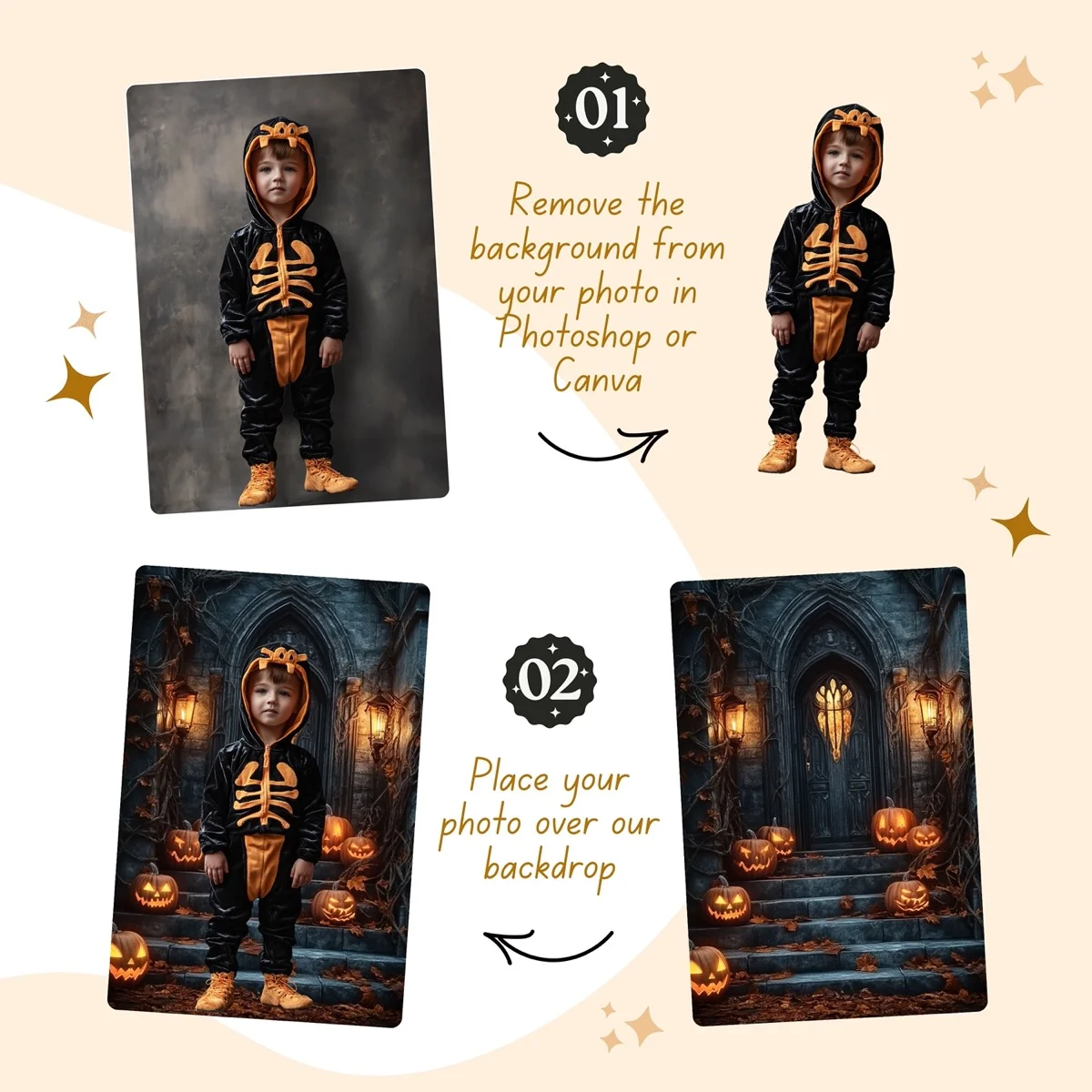 Halloween Backgrounds - Creepy Pumpkins - before and after photo composite example