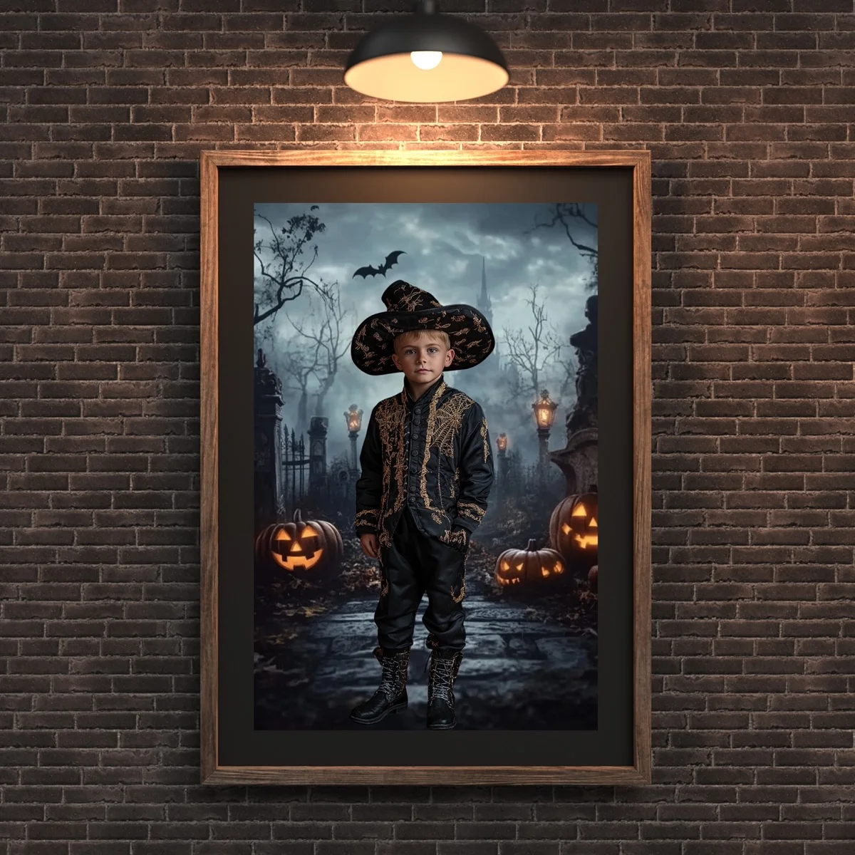 Halloween Backgrounds - Creepy Pumpkins - wall mockup showing backdrop displayed in a real room setting