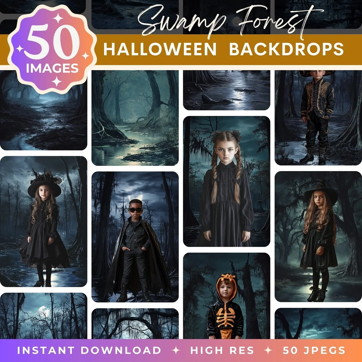 Halloween Backgrounds - Swamp Forest - pack overview with sample halloween backgrounds